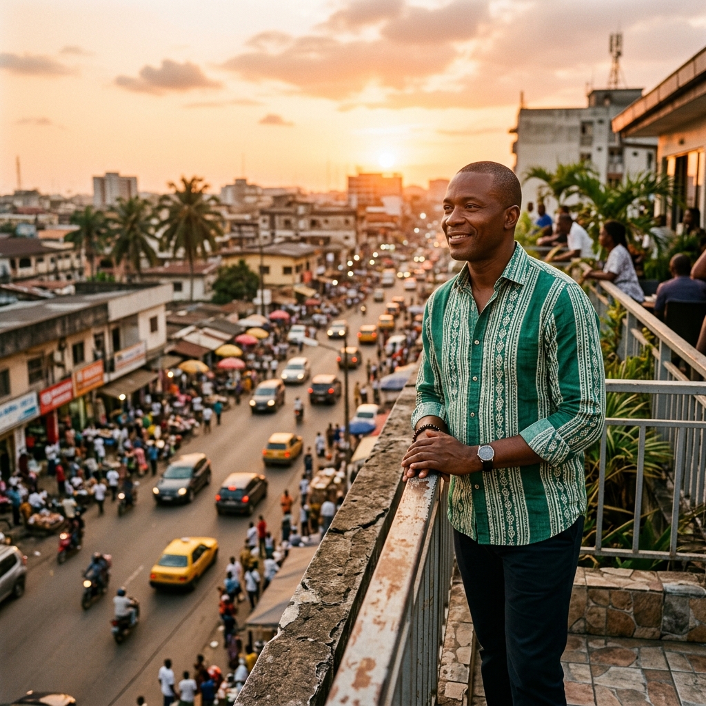 Entrepreneur camerounais contemplant Douala au coucher du soleil