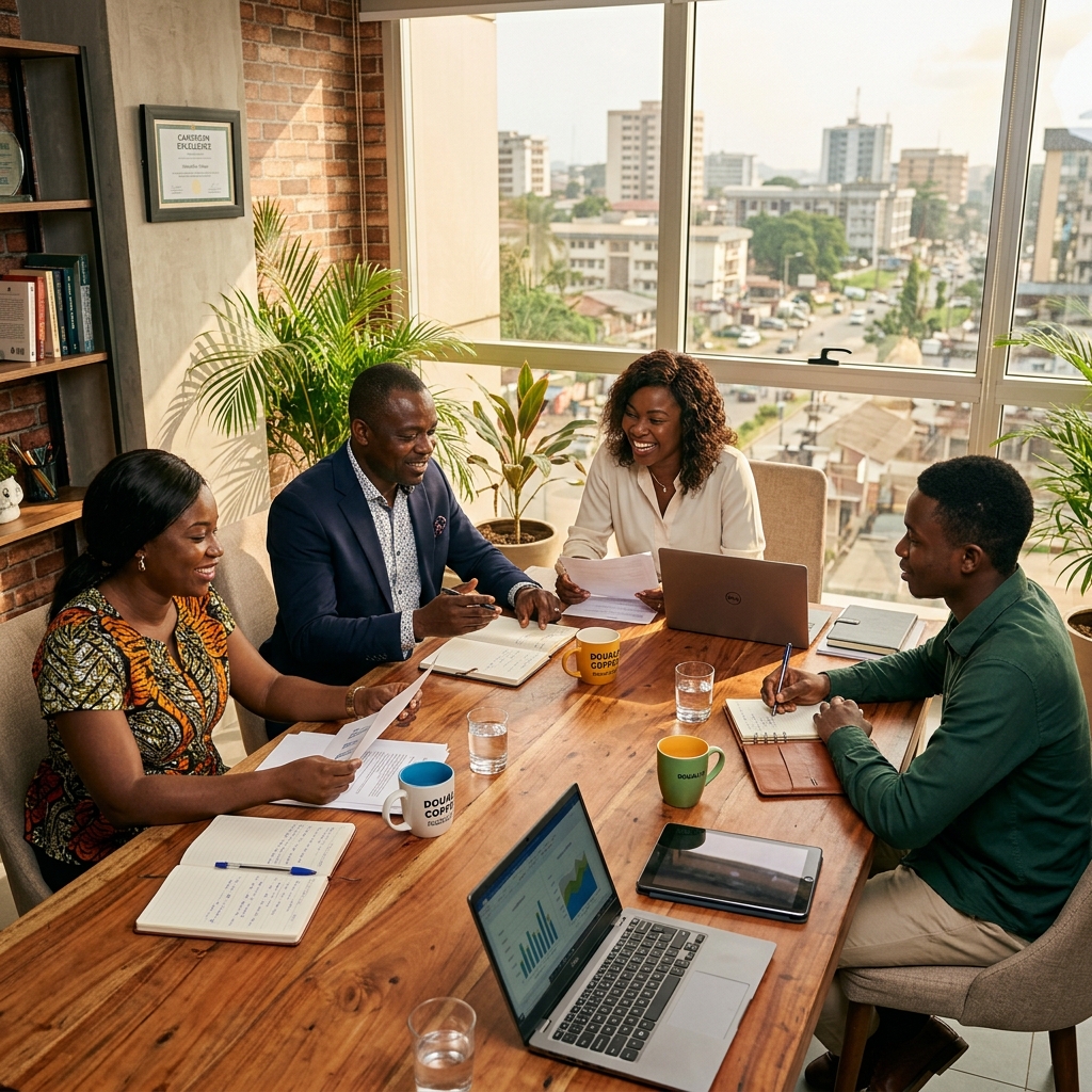 &Eacute;quipe camerounaise en r&eacute;union de travail
